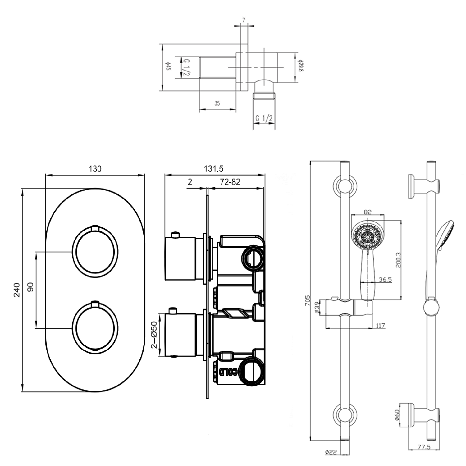 Jemima Concealed Shower Valve, Slide Rail Kit & Overflow Bath Filler