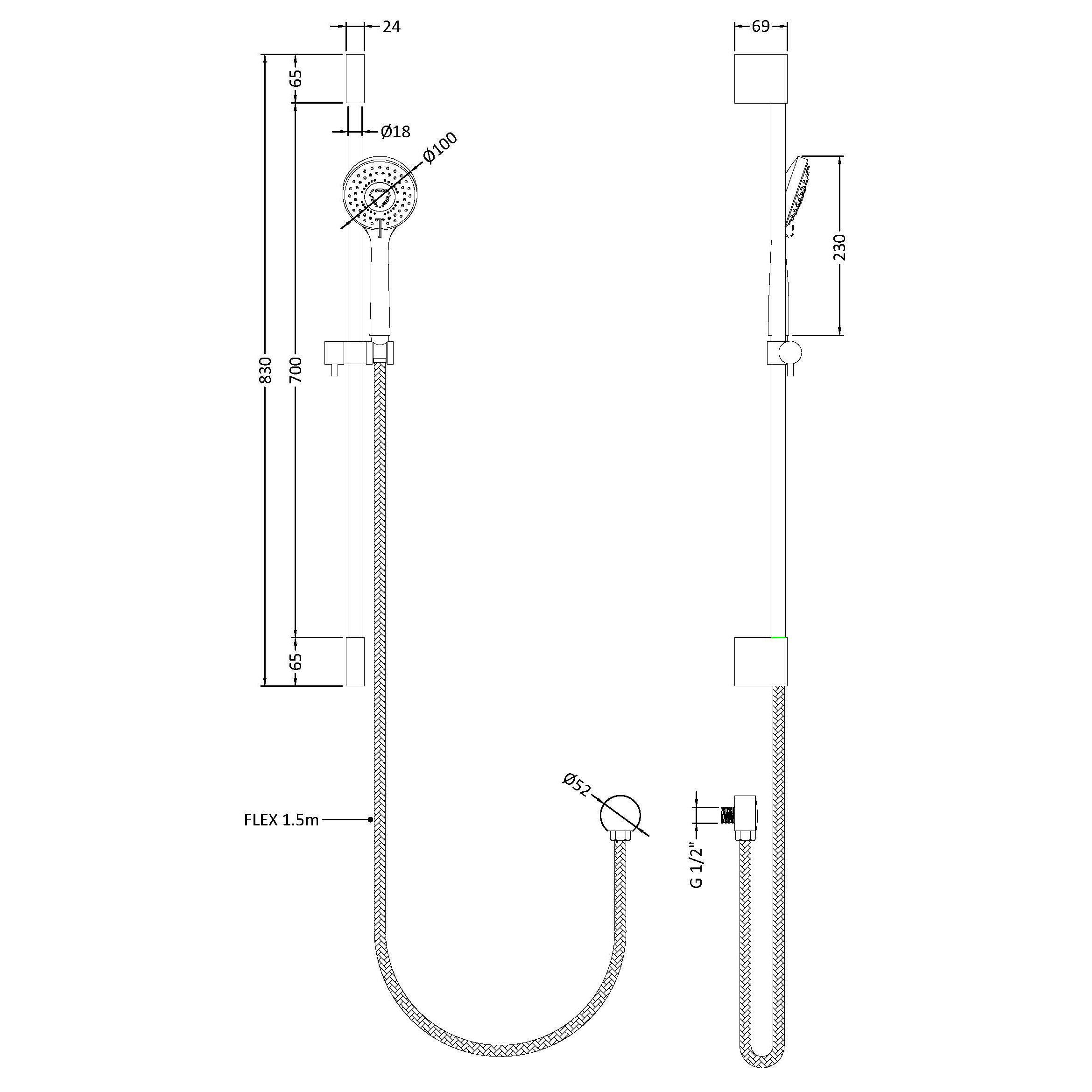Hudson Reed Slimline Slide Rail Kit with Multi-Function Handset & Outlet Elbow