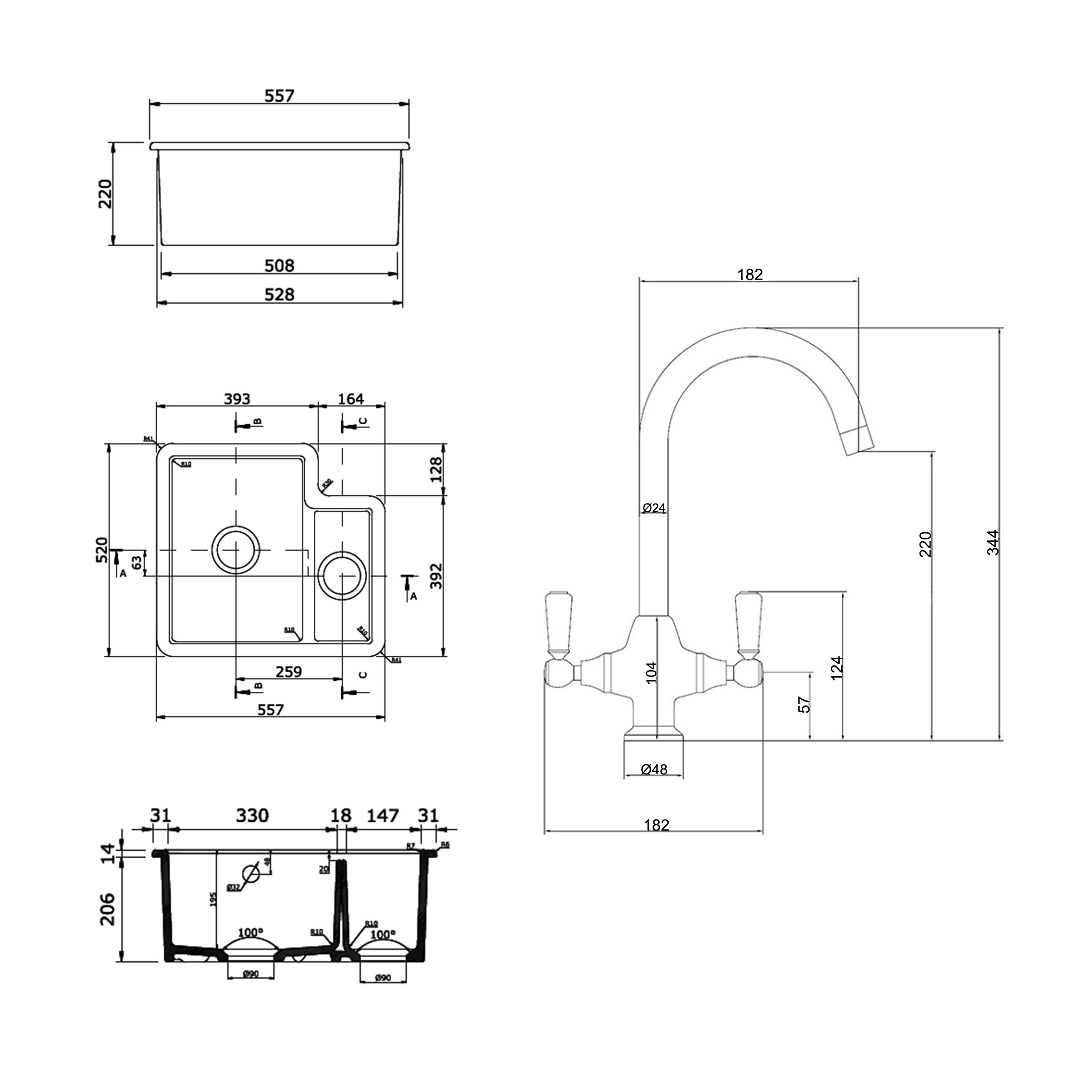 Reginox Tuscany 1.5 Bowl Undermount Ceramic Sink & Waste and Butler & Rose Victoria Traditional Mono Kitchen Mixer Tap
