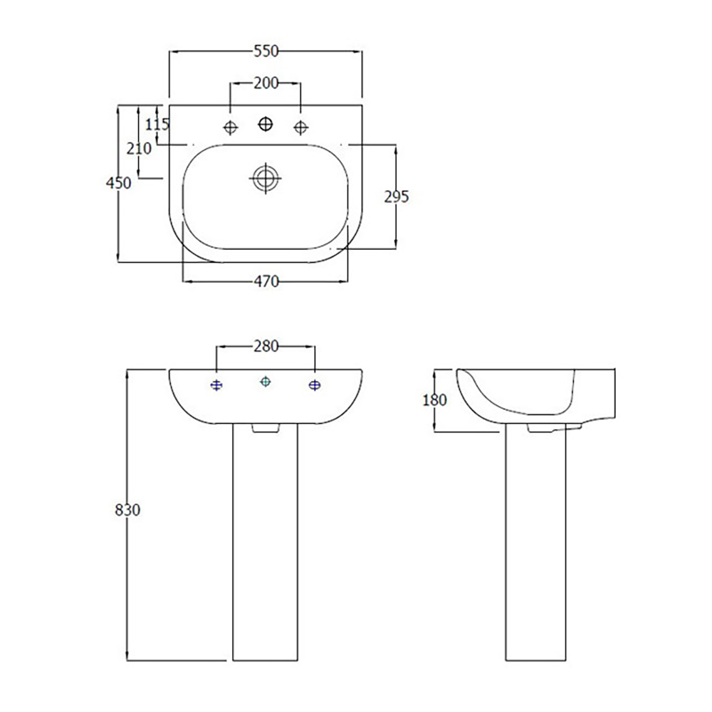 RAK Tonique 550mm 1 Tap Hole Basin with Full Pedestal