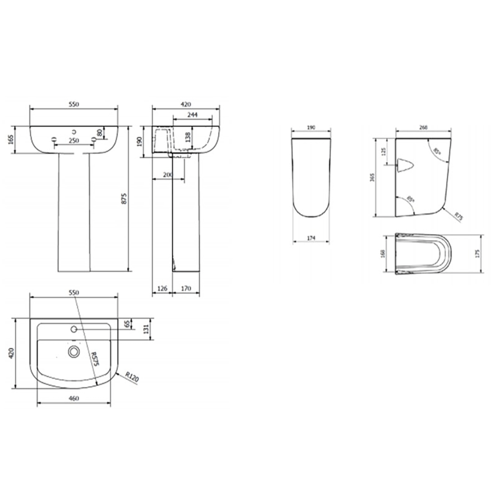 Harbour Grace 550mm 1 Tap Hole Basin & Semi Pedestal