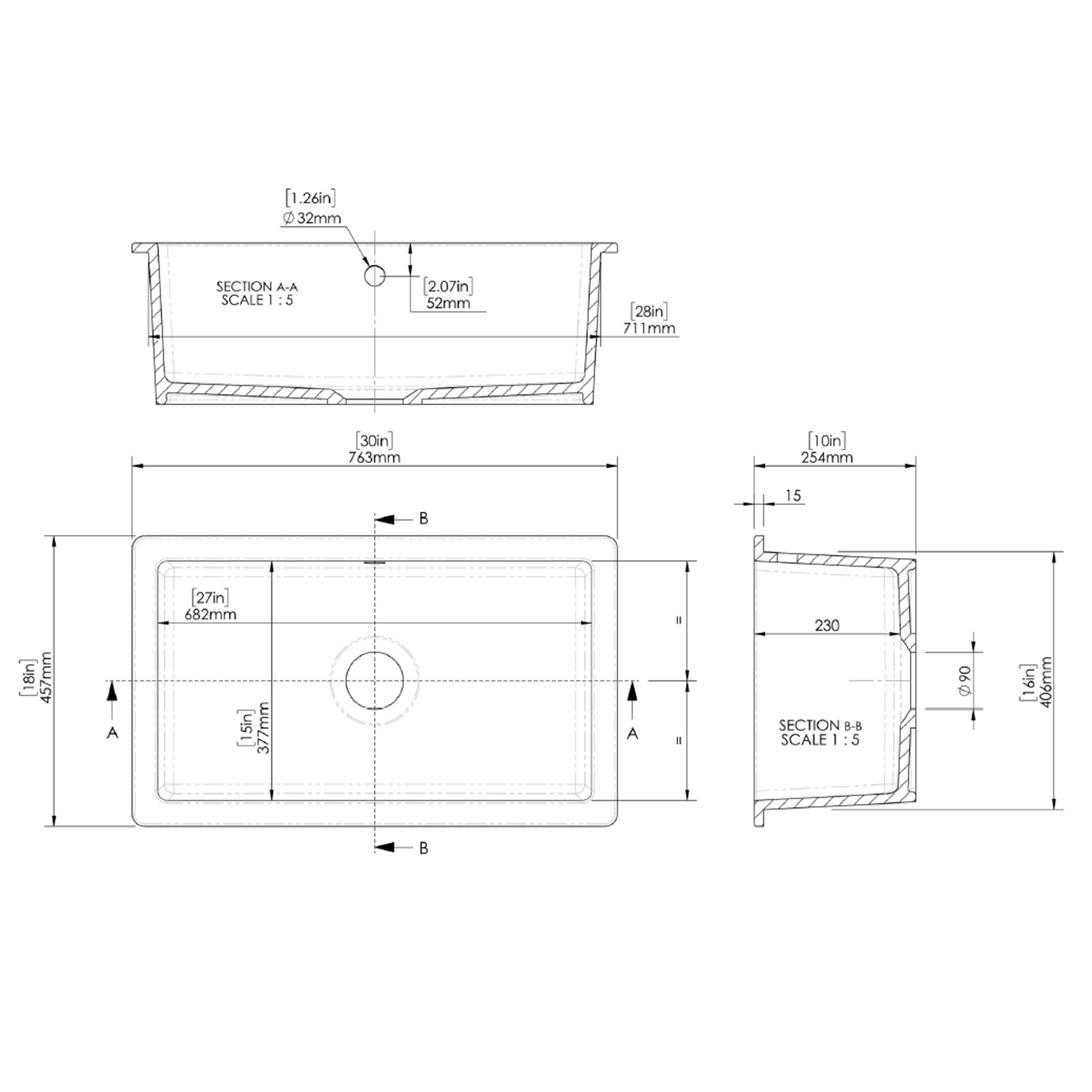 Butler & Rose Bryn XL 1 Bowl White Fireclay Ceramic Inset/Undermount Kitchen Sink - 763mm x 457mm
