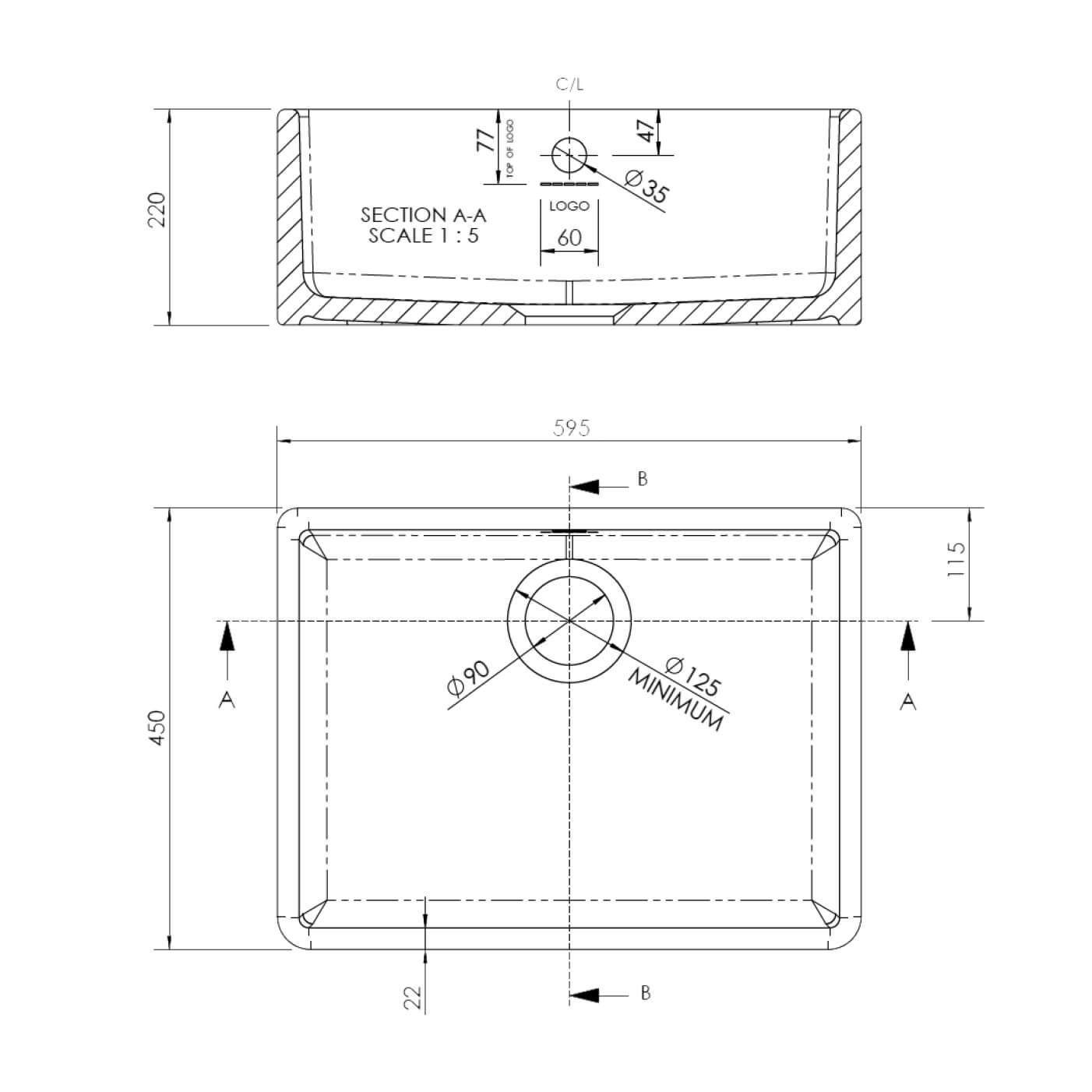 Butler & Rose Ceramic Fireclay Belfast / Butler Kitchen Sink with Waste - 595 x 450mm - PDP Mockup!!!