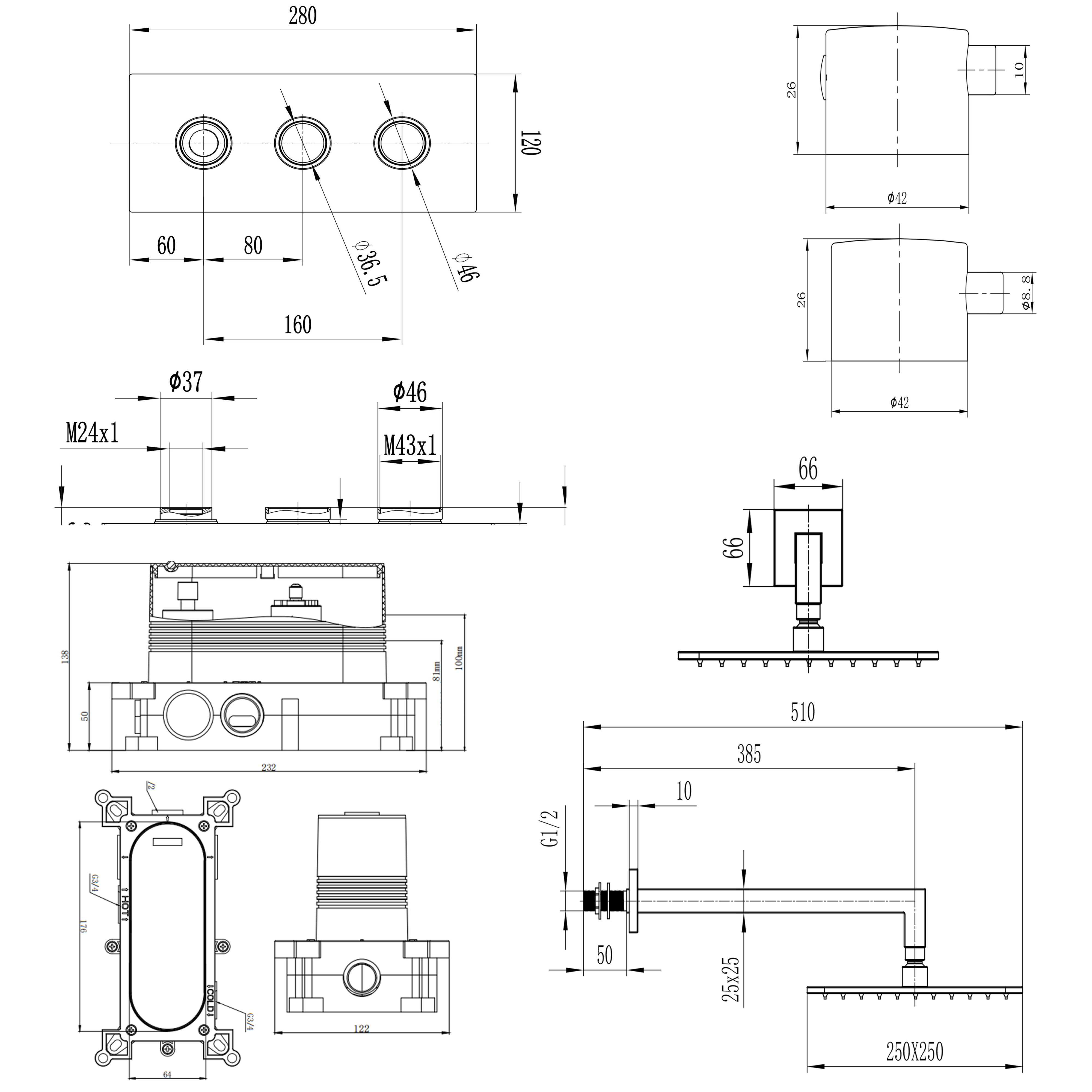 Core 1 Outlet Concealed Valve & Fixed Wall Mounted Square Shower Head