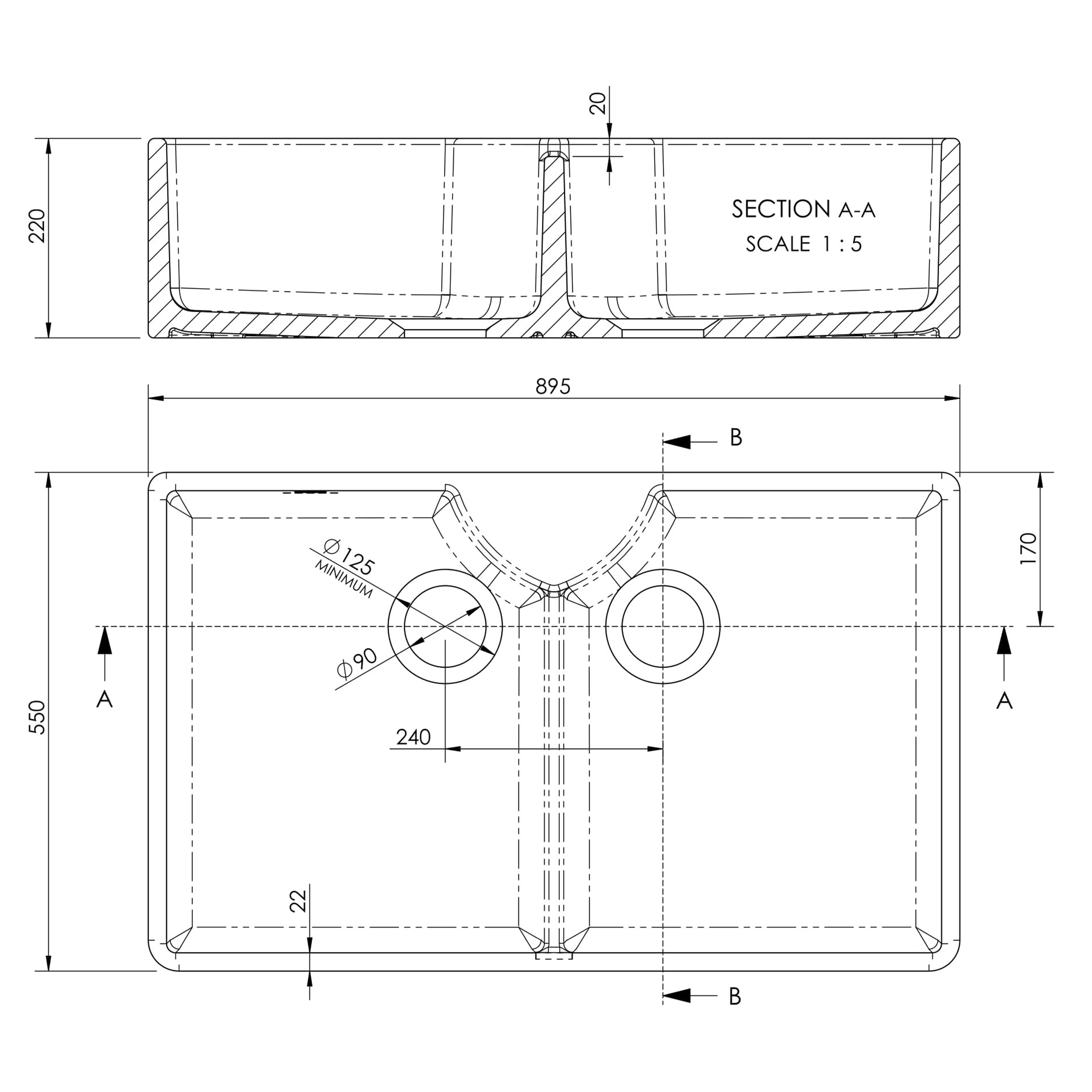 Butler & Rose Large Double Belfast / Butler Ceramic Fireclay Kitchen Sink - 895 x 550mm