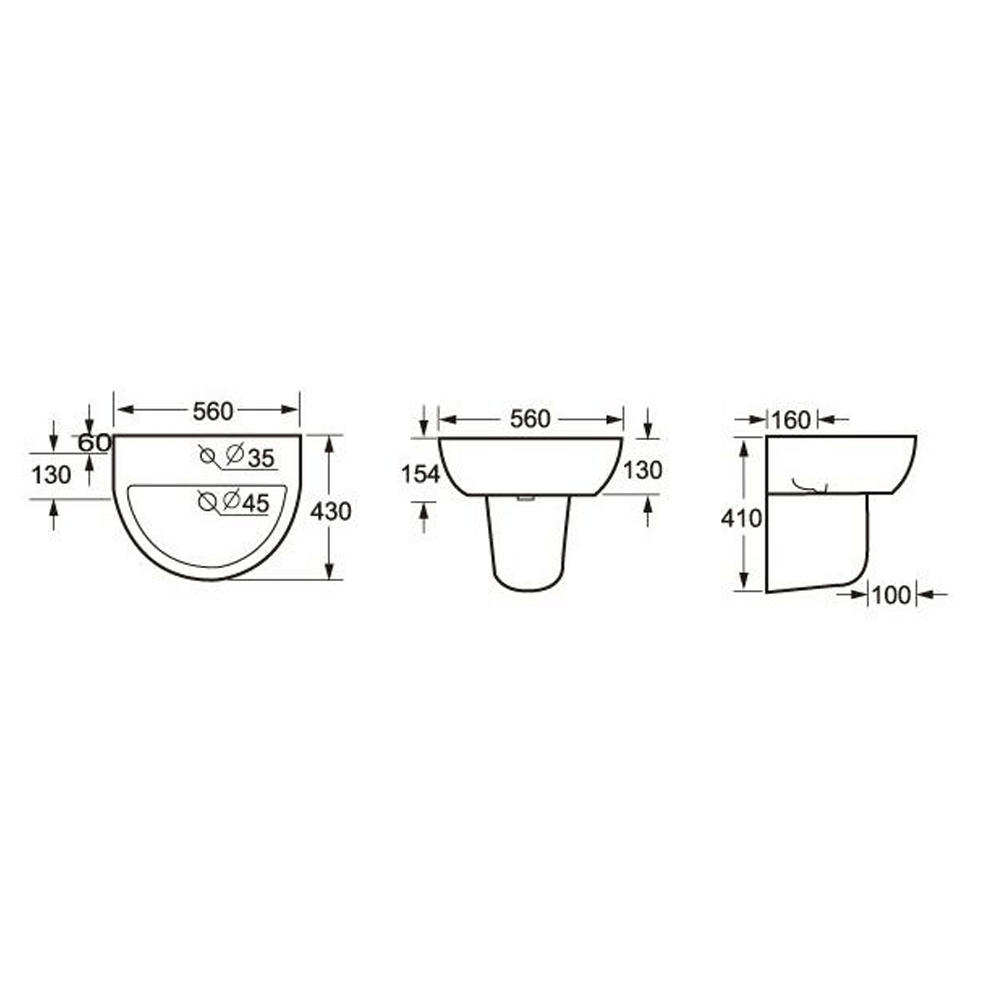Harbour Clarity 560mm Basin & Semi Pedestal - One Tap Hole