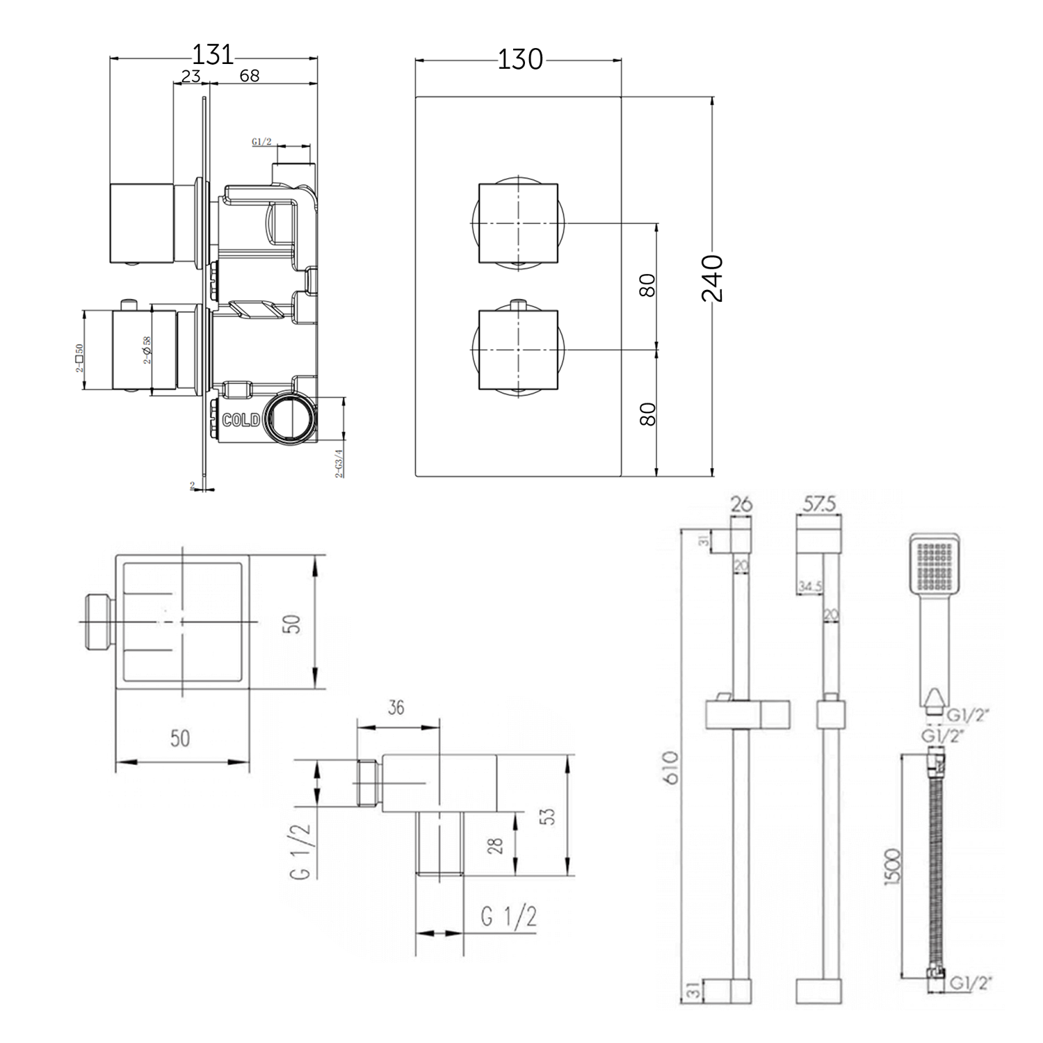 Harley Concealed Thermostatic Shower Valve & Slide Rail Kit