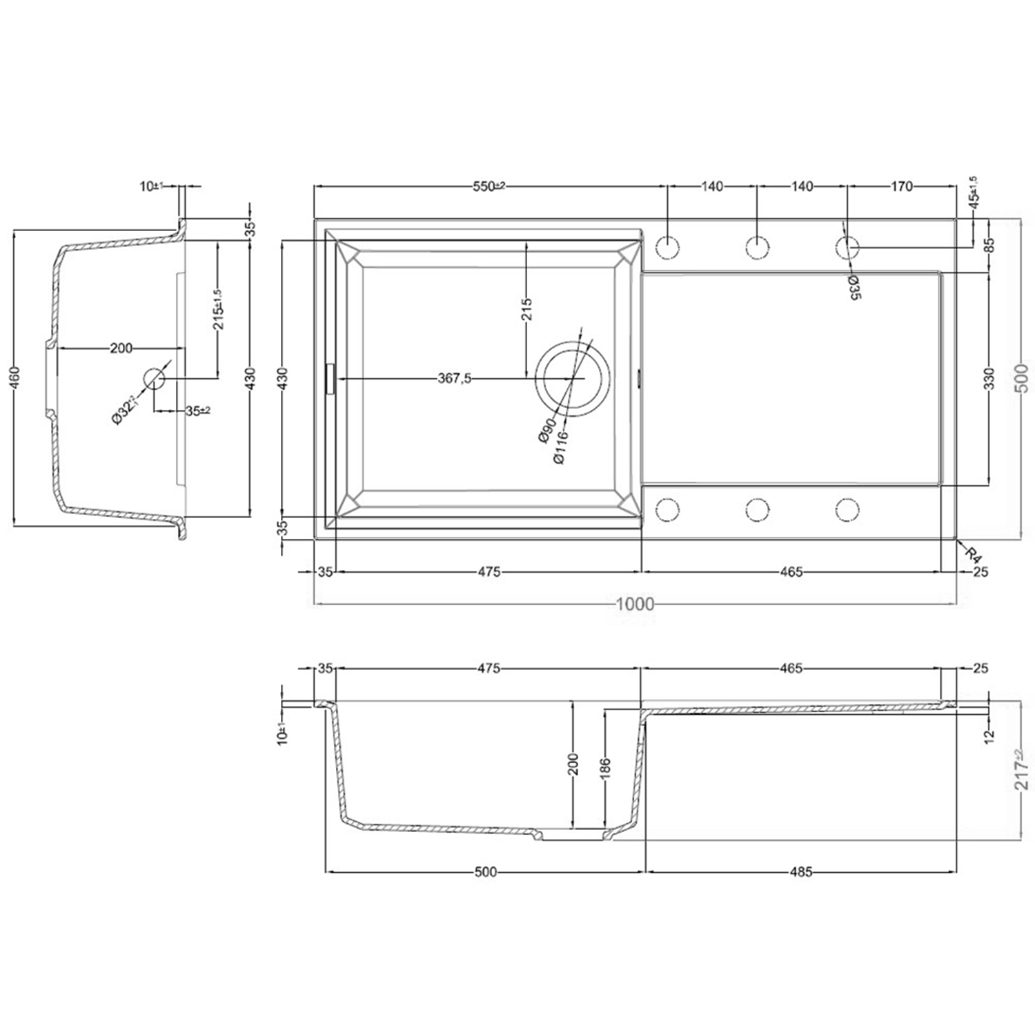 Reginox Elleci Easy 480 Large Single Bowl Granite Composite Inset Kitchen Sink & Waste - 1000 x 500mm