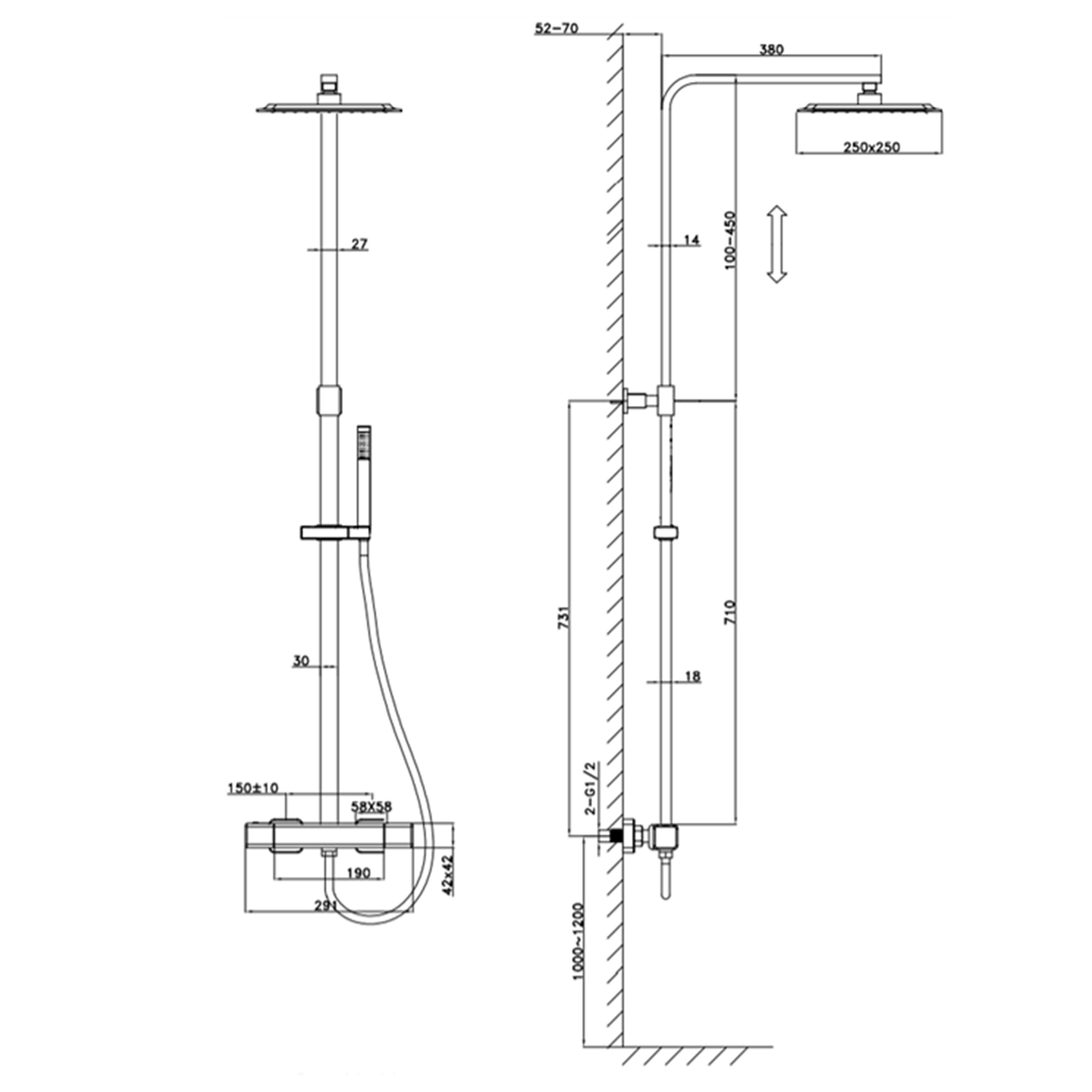 Harbour Status Brushed Brass Square Thermostatic Rigid Riser Shower Kit
