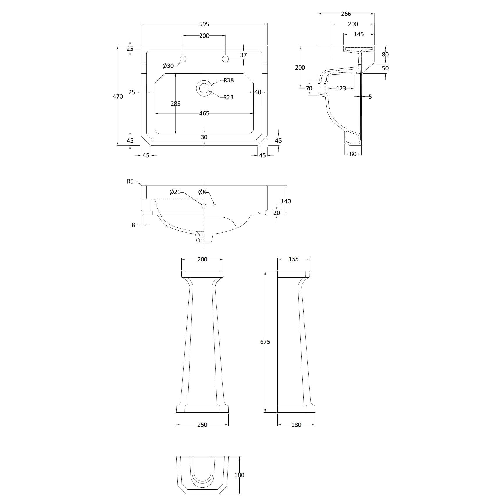 Butler & Rose Catherine 600mm Full Pedestal & Basin - 2 Tap Hole