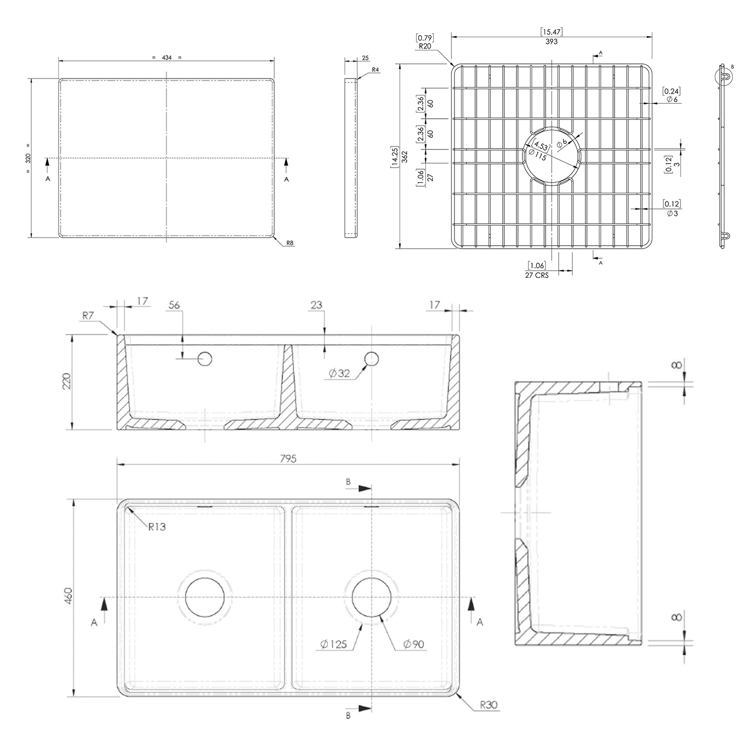 Butler & Rose Ceramic Fireclay Workstation Double Belfast Kitchen Sink & Accessories - 795 x 500mm