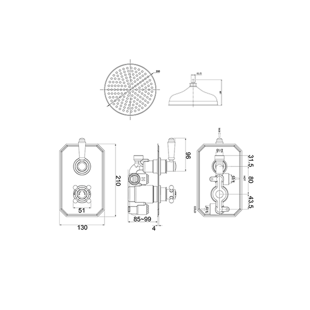 Arabella Traditional Concealed Shower Valve & Fixed Shower Head