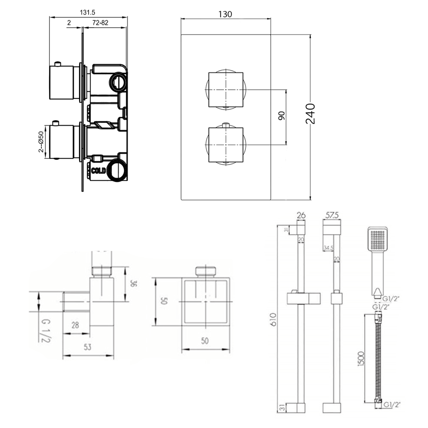 Drew Square Concealed Shower Valve with Fixed Head & Slide Rail Kit