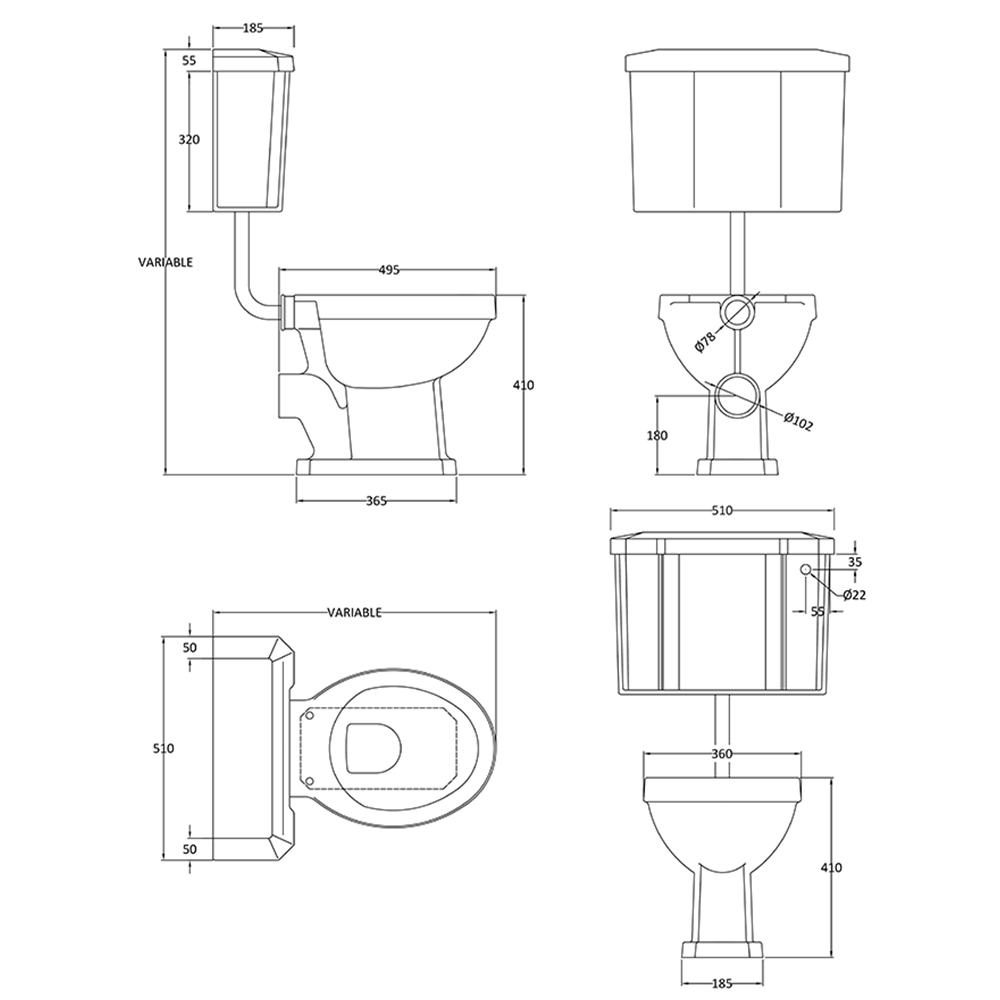 Butler & Rose Darcy Traditional Low Level Toilet, Cistern & Flush Pipe Kit and Optional Seat