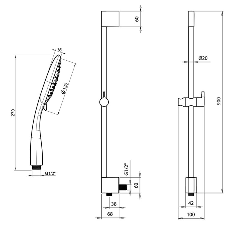 Crosswater Svelte Slide Rail with Shower Hose & White Multifunction Handset