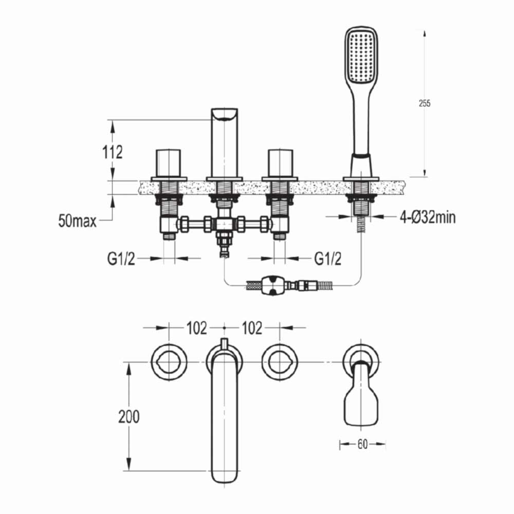 Flova Allore Deck Mounted 4 Hole Bath Shower Mixer with Handset Kit