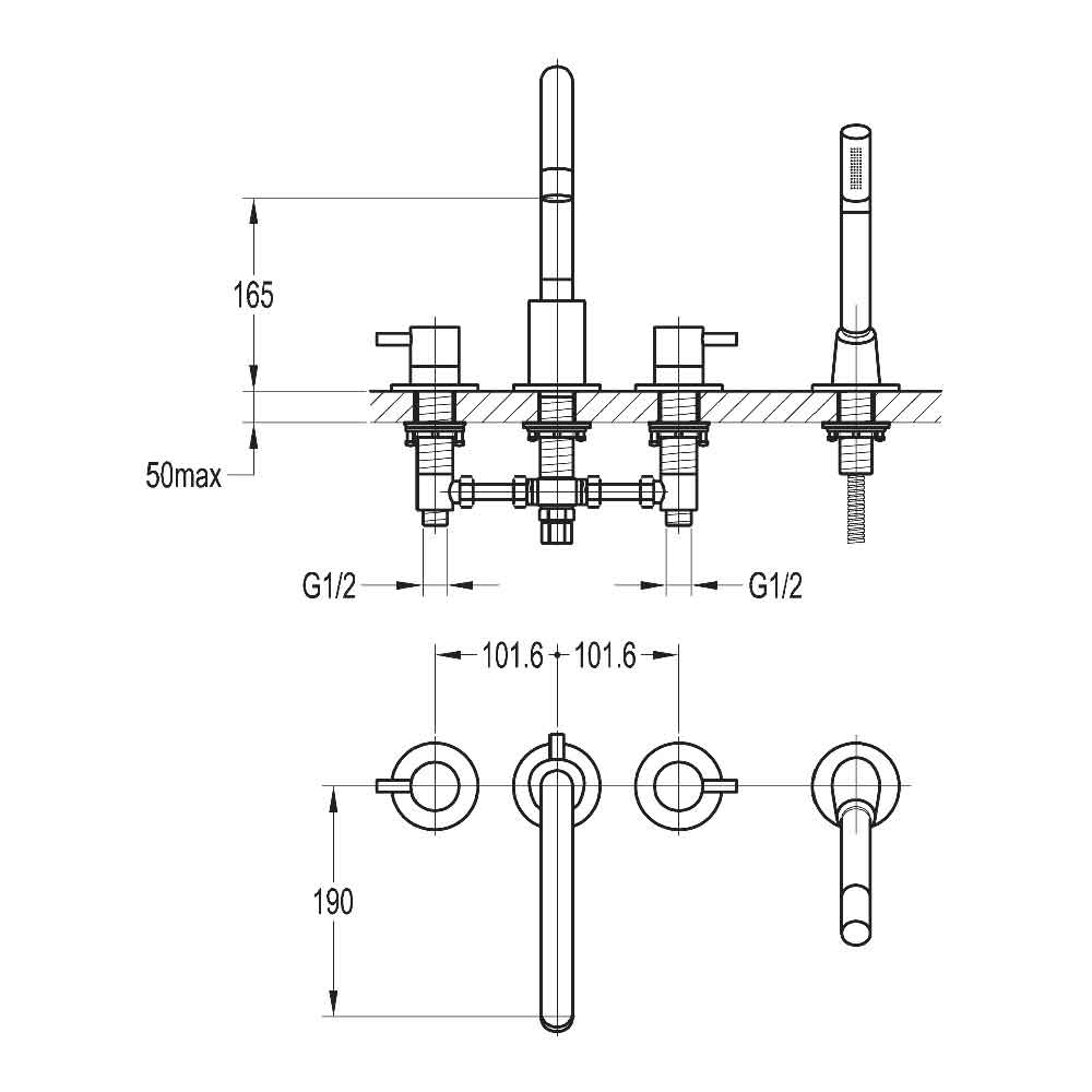 Flova Levo 4 Hole Deck Mounted Bath Shower Mixer with Pull Out Handset