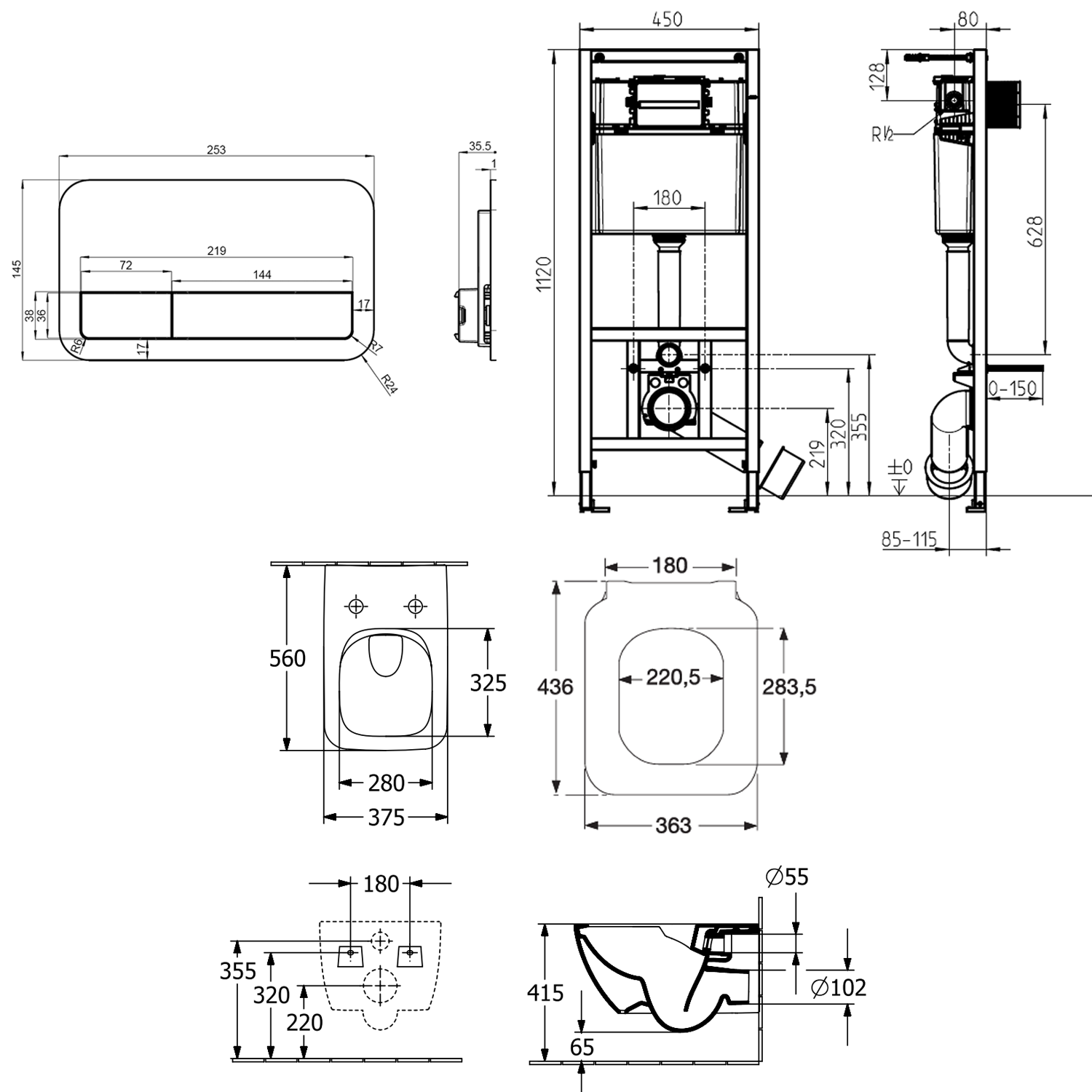 Villeroy & Boch ViConnect Pro 2.0 Frame with Venticello Rimless Wall Mounted Toilet, Flush Plate & Soft Close Toilet Seat