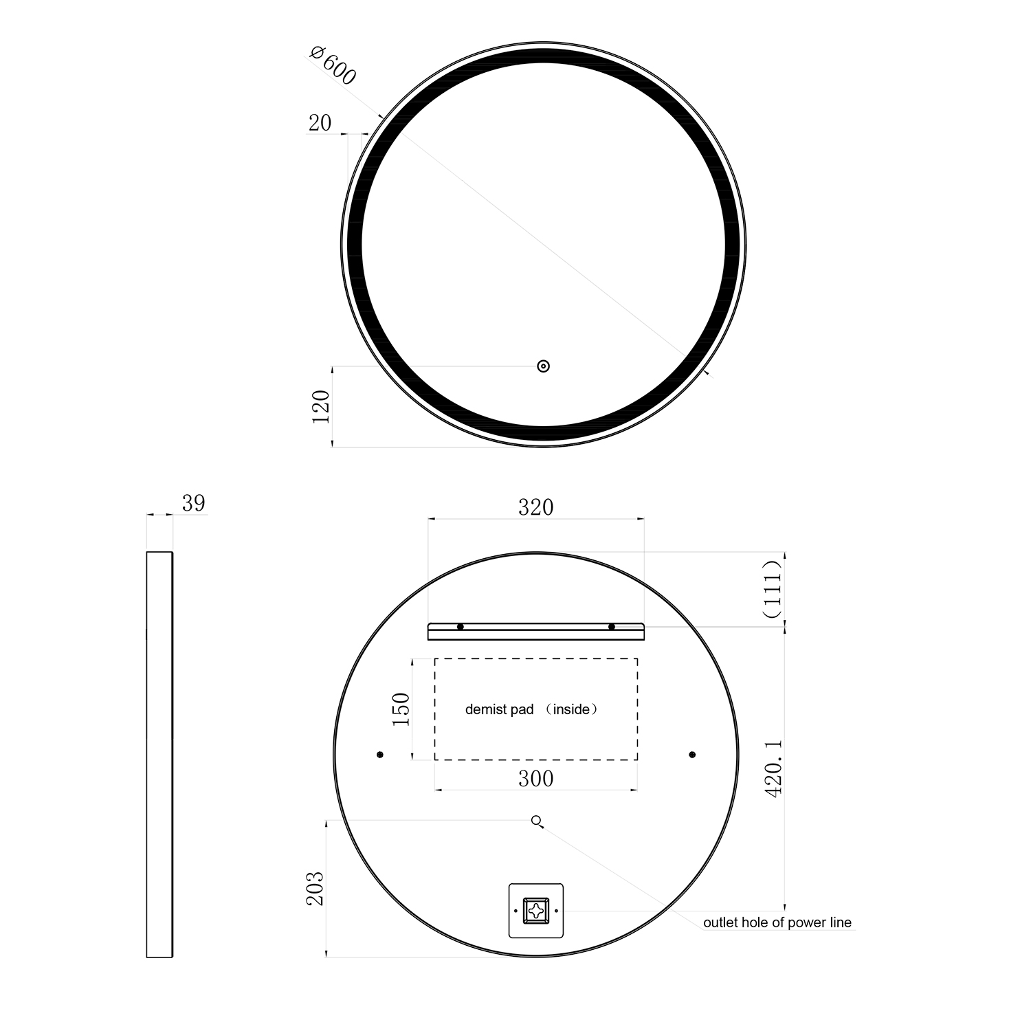 VOS LED Illuminated Round Framed Mirror with Demister Pad & Colour Change Lights - 600mm