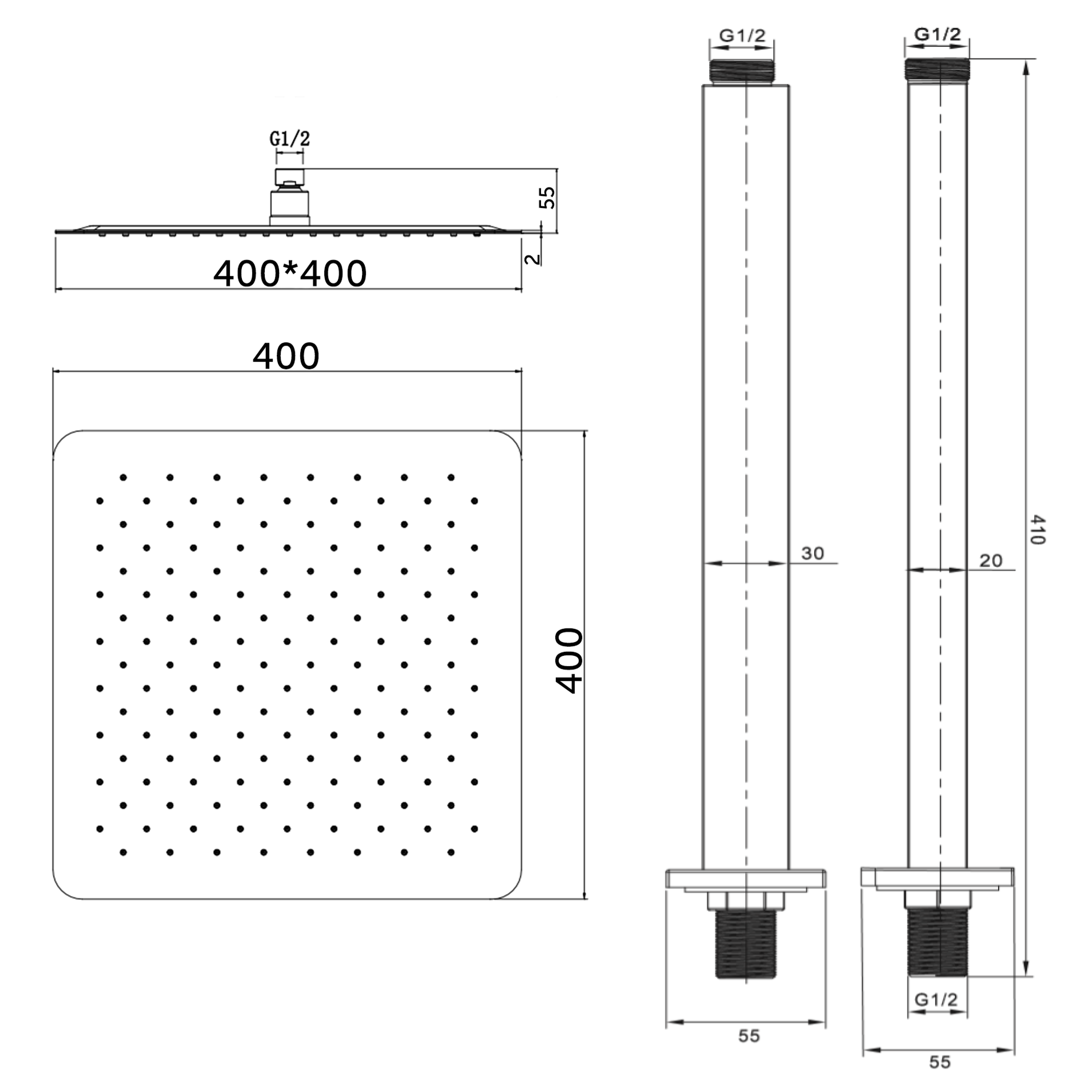 Vellamo Ultra Thin Square 400mm Shower Head & Ceiling Mounted Arm