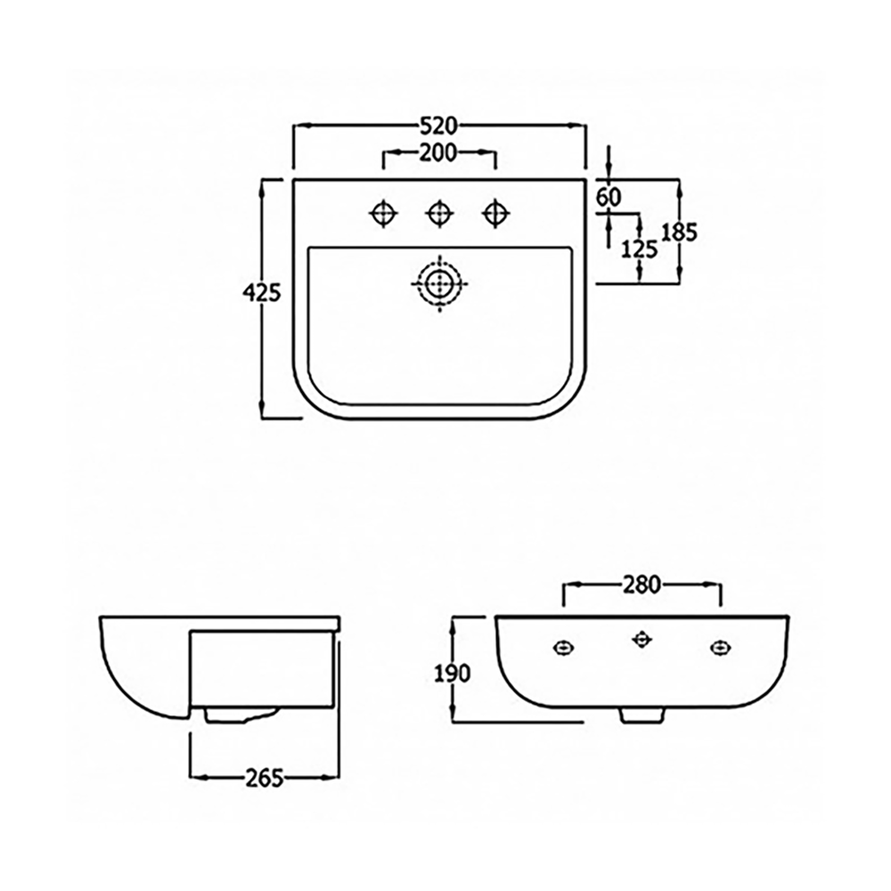 RAK Series 600 Ceramic Semi Recessed Basin 520mm - 1 Tap Hole