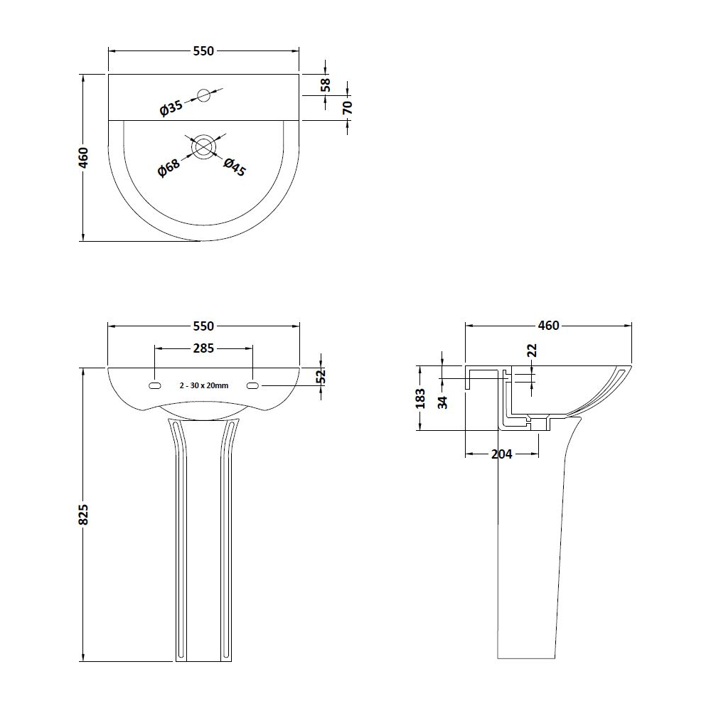 Harbour Acclaim 550mm 1 Tap Hole Basin & Full Pedestal