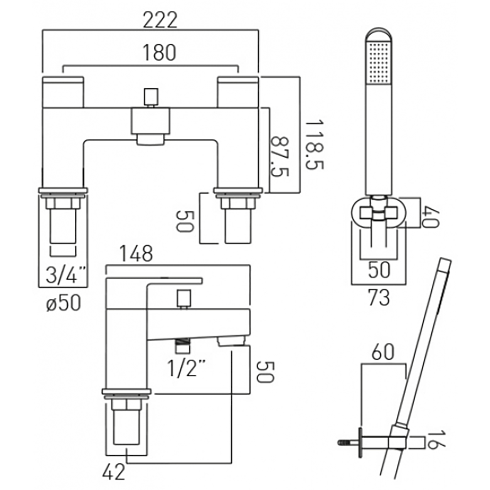 Vado Life Deck Mounted 2 Hole Bath Shower Mixer with Kit