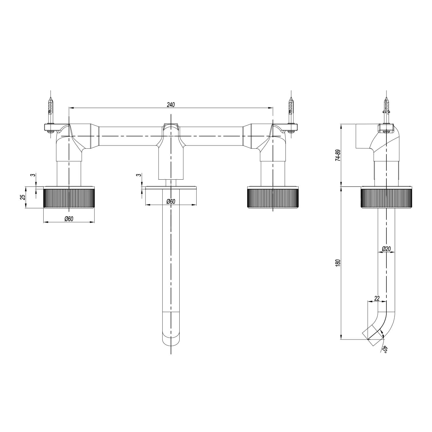 Crosswater 3ONE6 Stainless Steel Wall Mounted 3 Hole Basin Mixer Tap