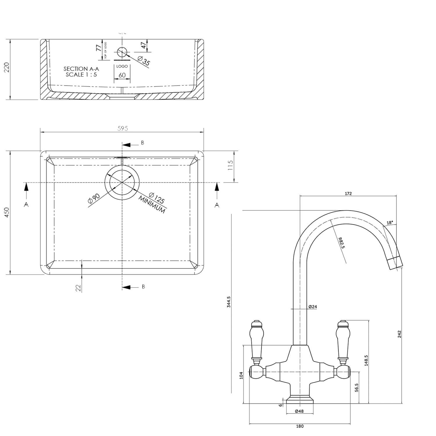 Butler & Rose Belfast Sink with Victoria Kitchen Tap & Strainer Waste Pack