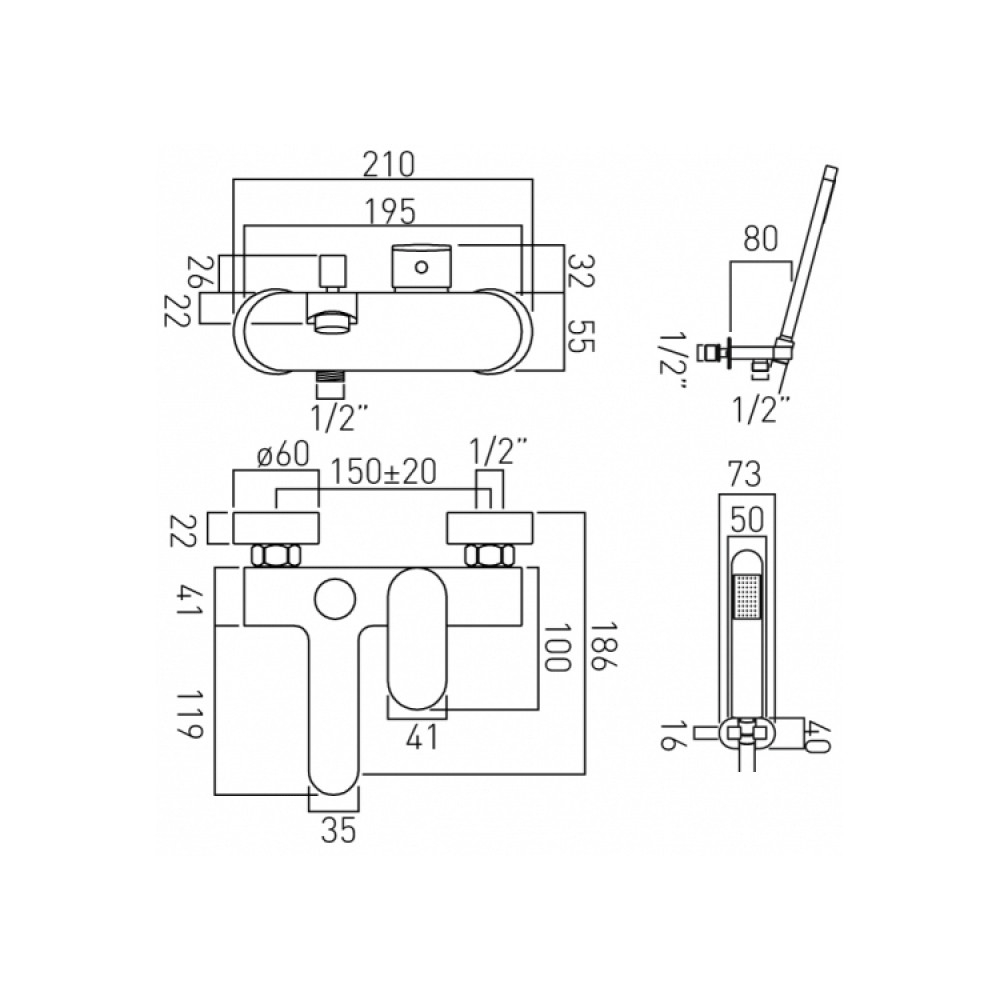 Vado Life Wall Mounted Exposed Bath Shower Mixer with Kit