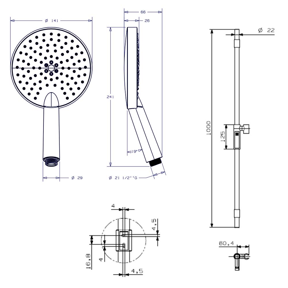 Crosswater Ethos Push Button Slide Rail Kit with Easy Clean Hose & 3 Mode Shower Handset