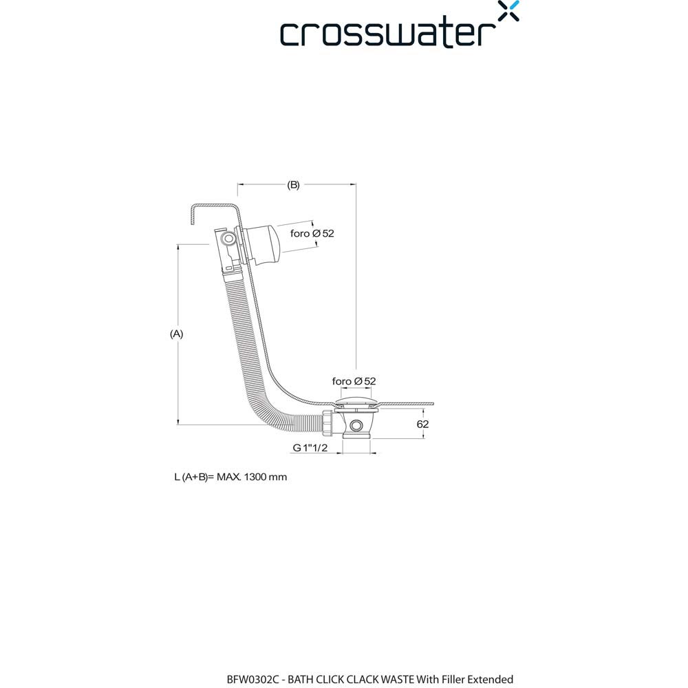Crosswater Bath Filler with Extended Click Clack Waste & Overflow - 90cm