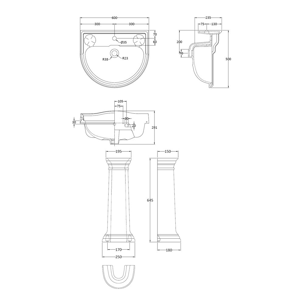 Butler & Rose Benedict 600mm Full Pedestal & Basin - 1 Tap Hole