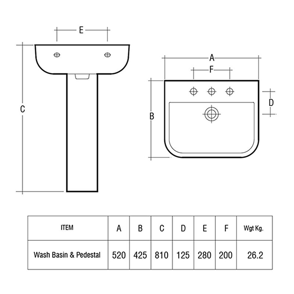 RAK Series 600 1 Tap Hole Basin with Full Pedestal 520mm