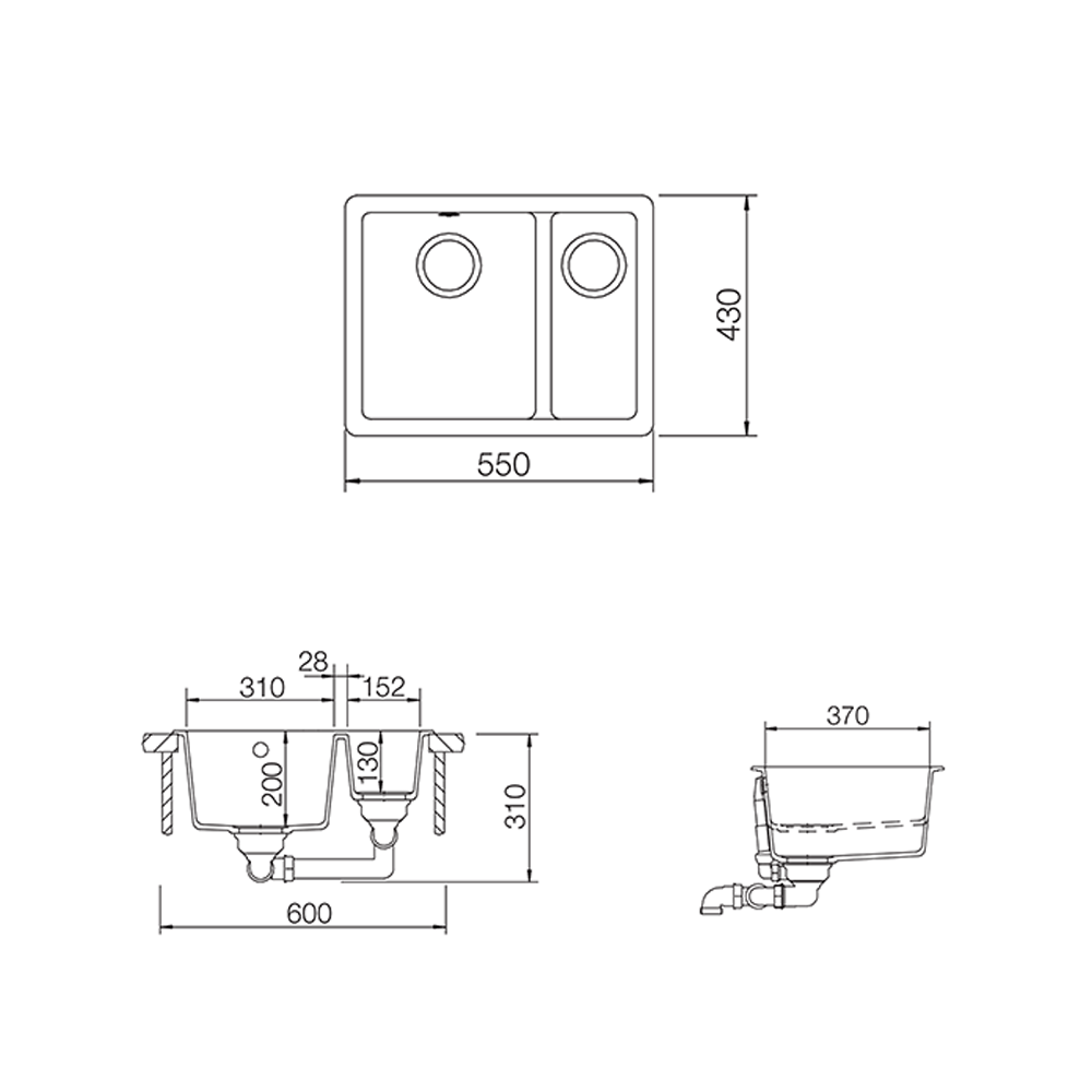 Rangemaster Paragon 1.5 Bowl Igneous Granite Composite Undermount Kitchen Sink & Waste Kit - 550 x 430mm