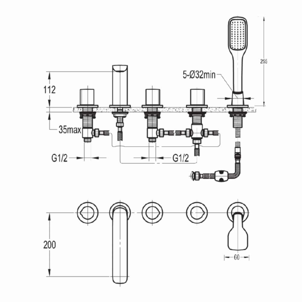 Flova Allore Deck Mounted 5 Hole Bath Shower Mixer with Pull Out Handset
