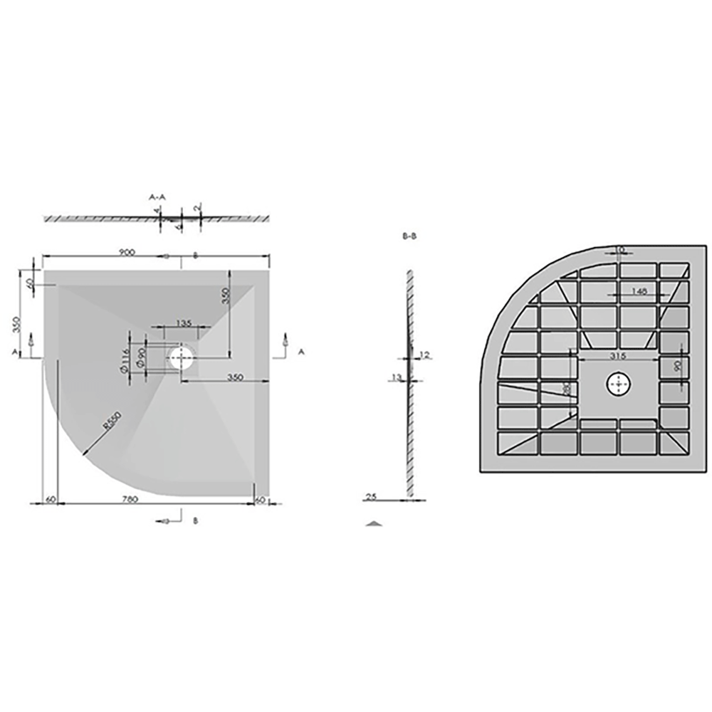 Drench Anthracite Ultra Thin Quadrant Stone Slate Effect Shower Tray - 900 x 900mm