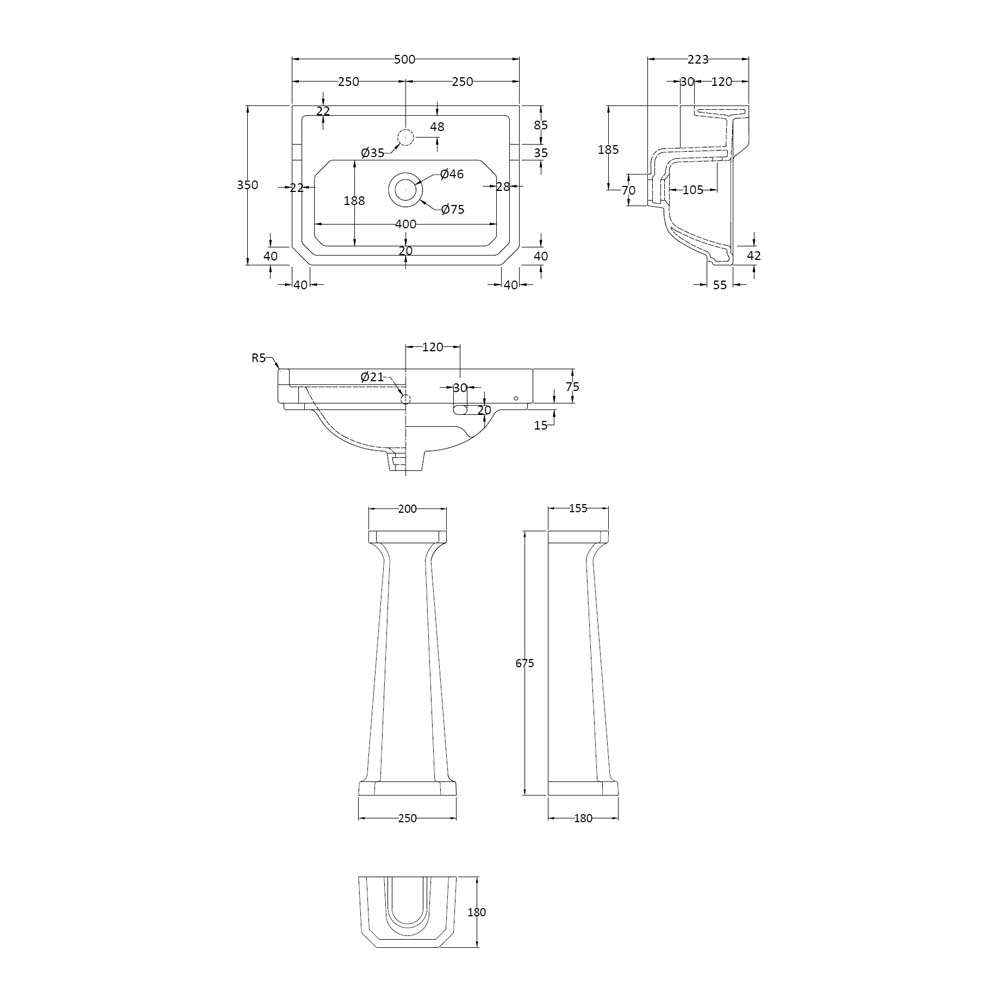 Butler & Rose Catherine 500mm Full Pedestal & Basin - 1 Tap Hole