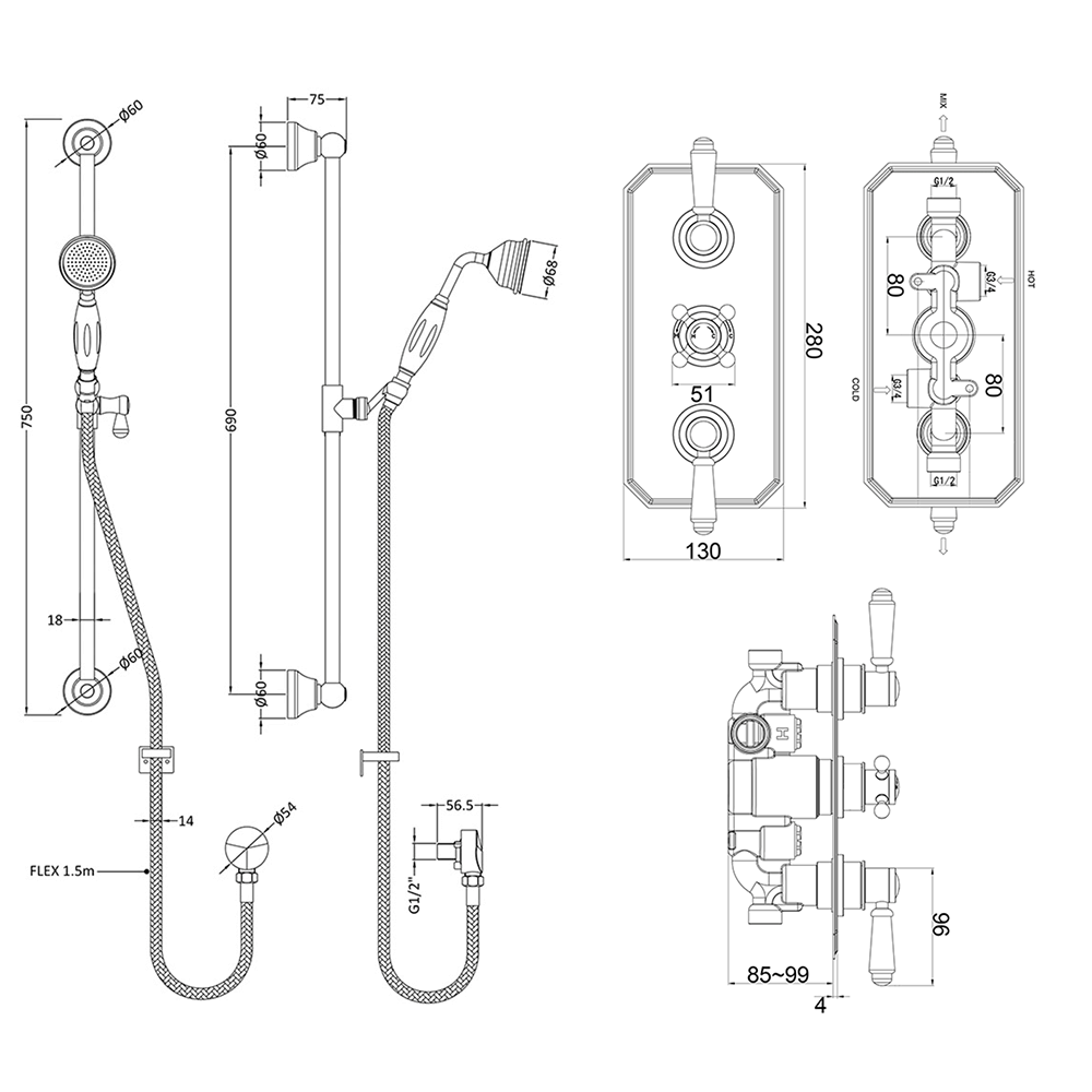 Butler & Rose Edith Concealed Shower Valve, Fixed Shower Head & Slide Rail Kit