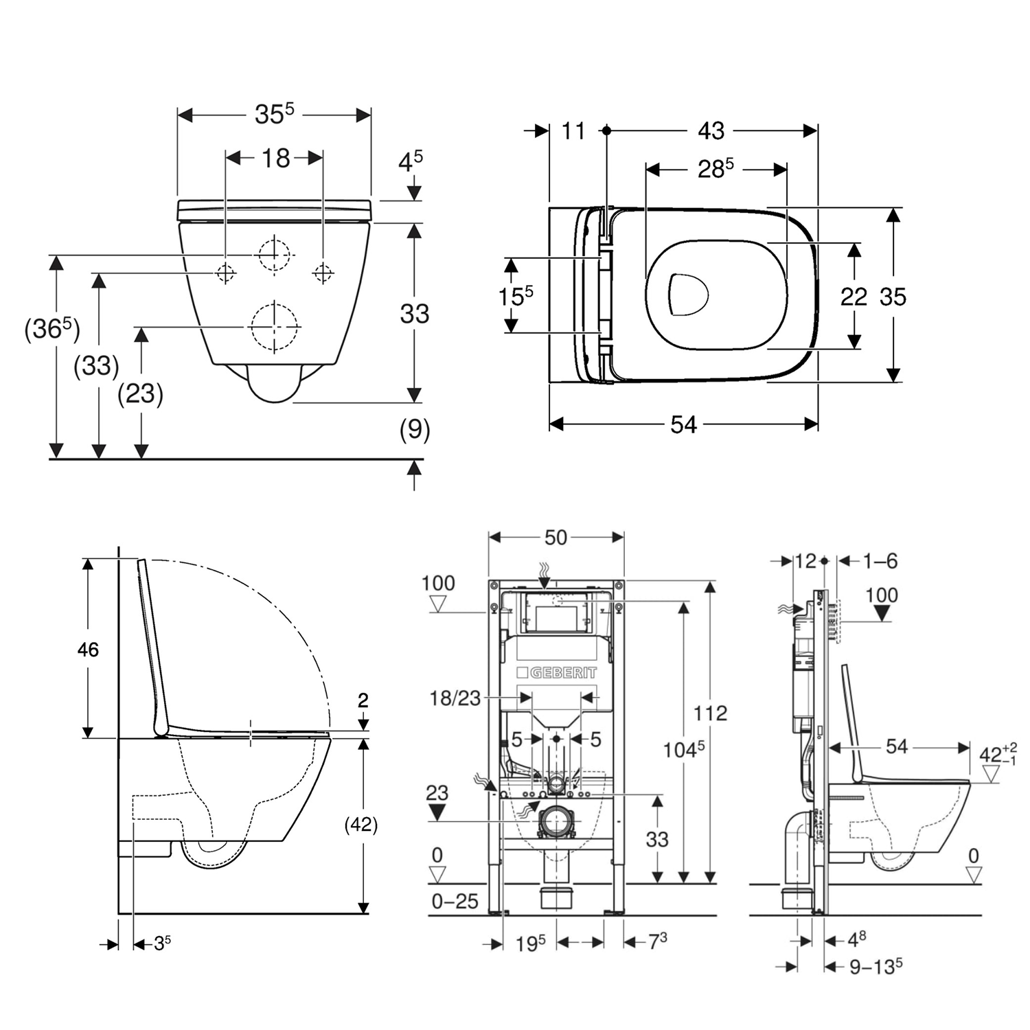 Geberit Rimless Wall Hung Toilet, Duofix Frame, Cistern, Flush Plate & Soft Close Seat