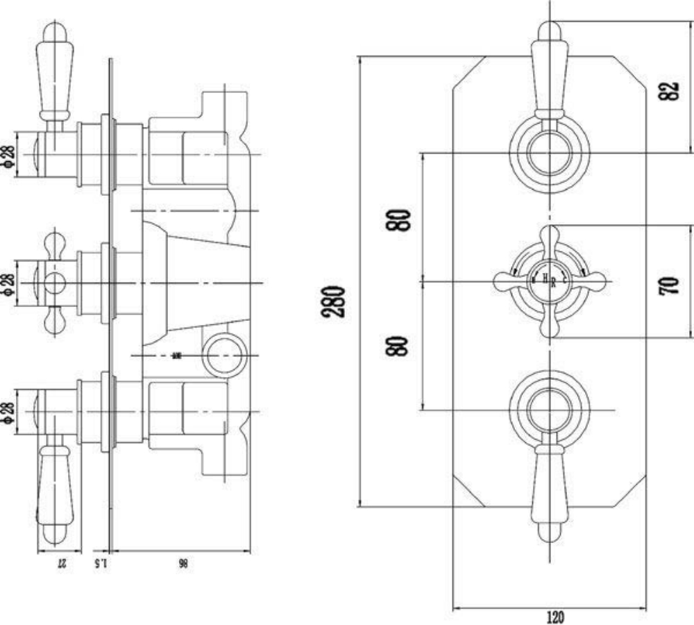 Hudson Reed Black Topaz 2 Outlet Concealed Thermostatic Shower Valve - Chrome/Black