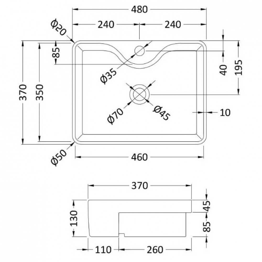 Hudson Reed 480mm Rectangular Semi-Recessed Countertop Basin