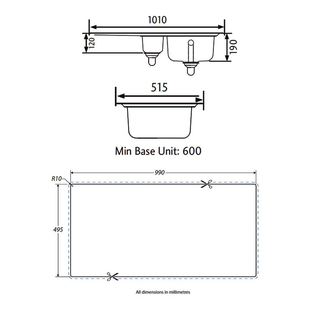Rangemaster Manhattan 1.5 Bowl Brushed Stainless Steel Sink & Waste Kit with Left Hand Drainer - 1010 x 515mm