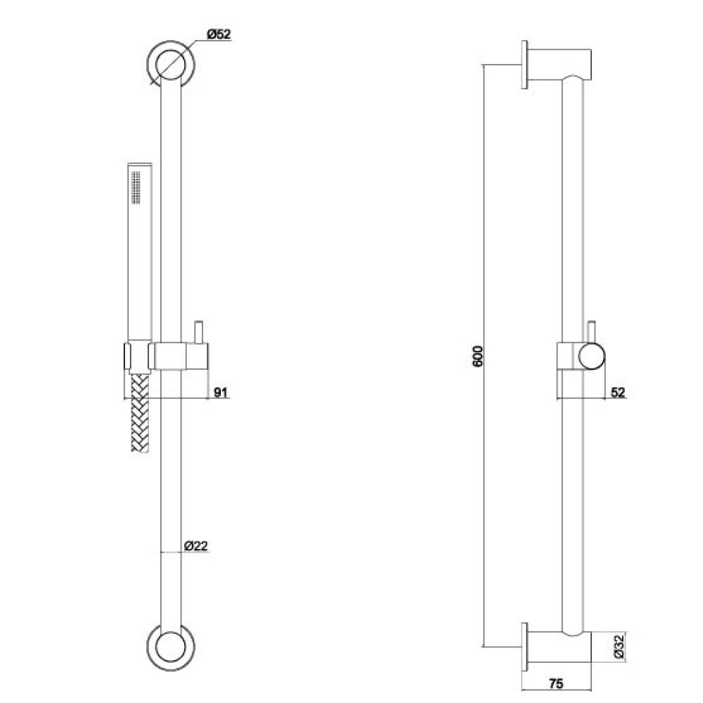 Inox Slide Rail with Single Function Hand Shower and Hose - Brushed Stainless Steel