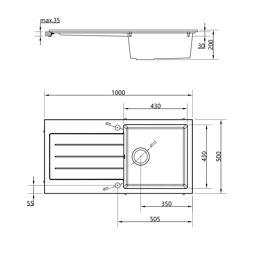 Vellamo Designer 1 Bowl Comite Composite Kitchen Sink & Waste with Reversible Drainer - 1000 x 500mm