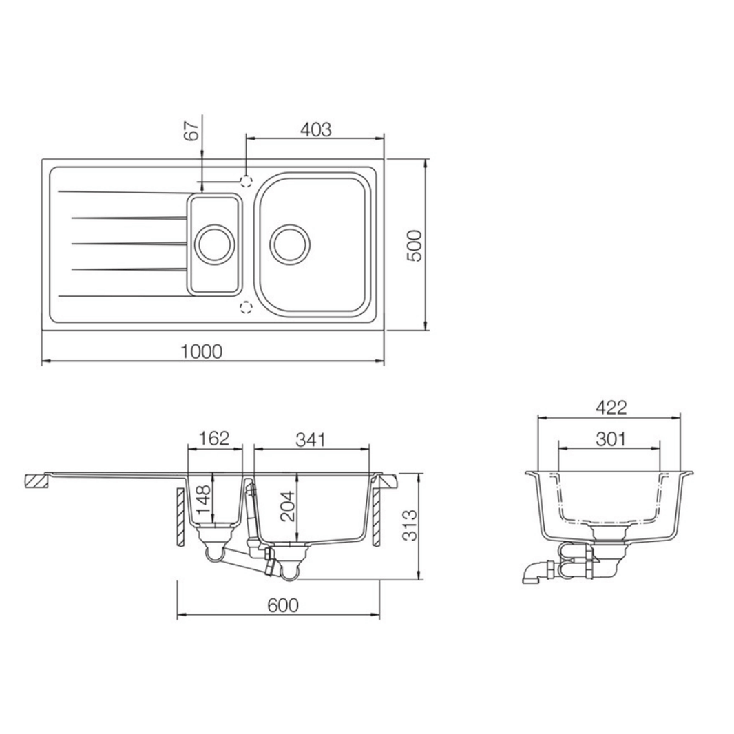 Rangemaster Amethyst Igneous Granite 1.5 Bowl Kitchen Sink with Reversible Drainer & Waste Kit - 1000 x 500mm