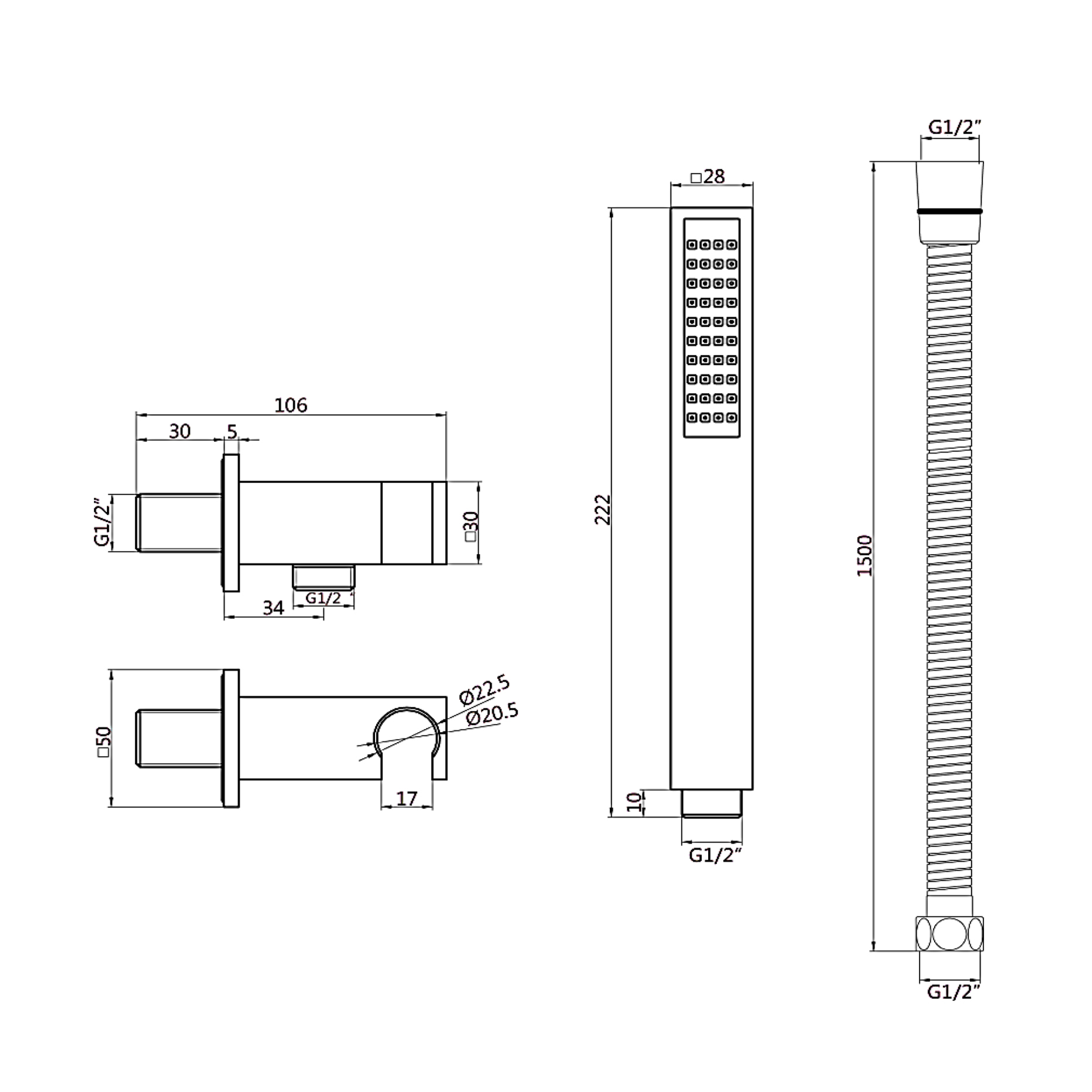 Harbour Clarity Round Shower Handset with Wall Outlet & Hose