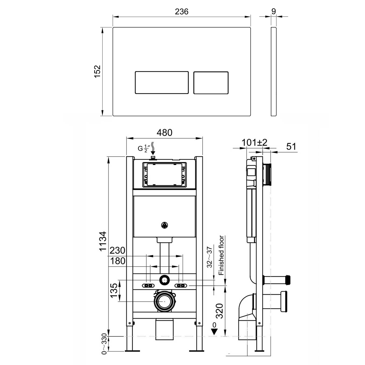 Drench Wall Hung Toilet Frame, Pneumatic Concealed Cistern & Dual Flush Plate with Angular Buttons
