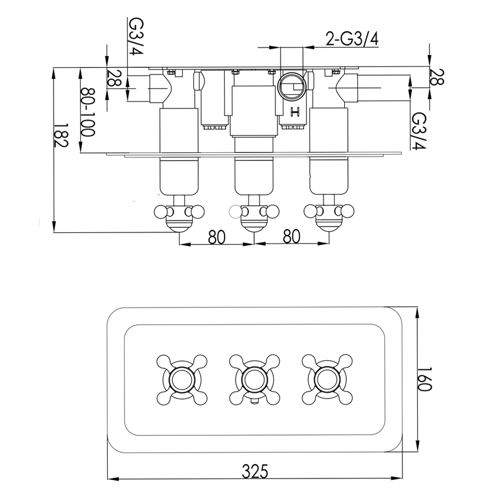 Butler & Rose Caledonia Crosshead 2 Outlet Concealed Thermostatic Shower Valve - Horizontal