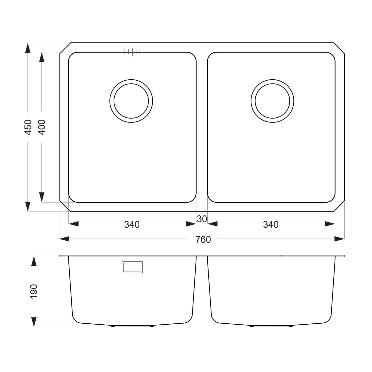 Vellamo Horizon Double Bowl Undermount Stainless Steel Kitchen Sink & Waste Kit - 760 x 450mm